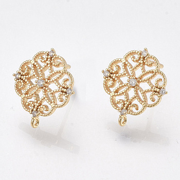 Brass Stud Earring Findings, Cubic Zirconia and Loop, Nickel Free, Real 18K Gold Plated, Flower, Clear, 13x12mm, Hole: 0.8mm, Pin: 0.8mm