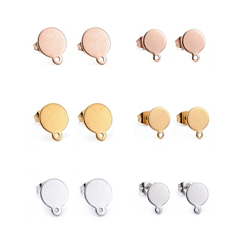 24Pcs 3 Color Vacuum Plating 304 Stainless Steel Stud Earring Findings, with Loop and Flat Plate, Flat Round, Mixed Color, 10.5~12.5x8~10x0.6~1mm, Hole: 1.5mm, Pin: 0.8mm, 24pcs/box