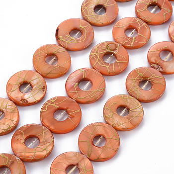 Natural Freshwater Shell Beads Strands, Dyed and Drawbench, Ring, Coral, 20~21x2~3mm, Hole: 0.6mm, about 20~21pcs/strand, 15.94 inch(40.5cm)