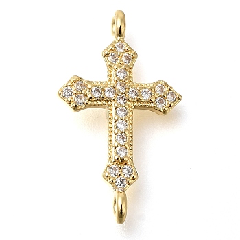 Brass Pave Clear Cubic Zirconia Connector Charms, Religion Cross Links, Real 16K Gold Plated, 20.5x12x3mm, Hole: 1.4mm