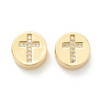 Rack Plating Eco-Friendly Brass Beads, Micro Pave Clear Cubic Zirconia, Long-Lasting Plated, Cadmium Free & Lead Free, Flat Round with Cross, Real 18K Gold Plated, 11x5.1mm, Hole: 2.1mm