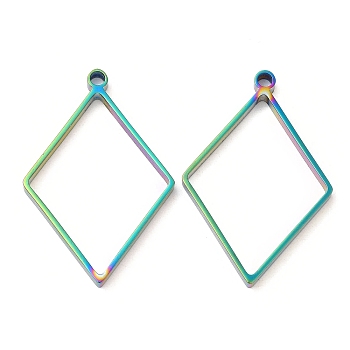 304 Stainless Steel Open Back Bezel Rhombus Pendants, For DIY UV Resin, Epoxy Resin, Pressed Flower Jewelry, Rainbow Color, 39x26x3mm, Hole: 2.2mm, Inner Diameter: 32x23.5mm