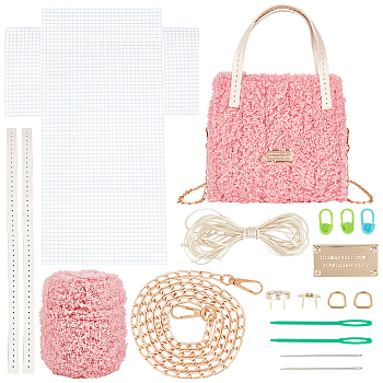 DIY Knitting Crochet Bags Kits, Including Yarn, Mesh Plastic Canvas Sheets, Bag Handles, Bag Strap Chains, Knitting Needles, Thread, Magnetic Clasp, Labels, D Ring, Pink