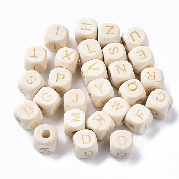 Carved Natural Wood European Beads, Horizontal Hole, Cube with Initial Letter, Blanched Almond, 10x10x10mm, Hole: 4mm