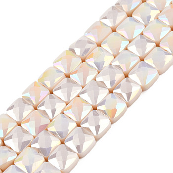 Electroplate Opaque Solid Color Glass Beads Strands, AB Color Plated, Faceted, Square, Antique White, 6x6x4.5mm, Hole: 1.2mm, about 95~98Pcs/strand, 24.41 inch(62cm)