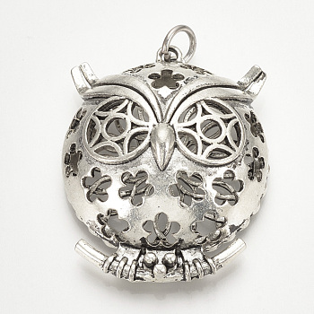 Brass Magnetic Diffuser Locket Pendants, Cage Pendants, Hollow Owl, Antique Silver, 44x35x16mm, Hole: 5.5mm, Inner Diameter: 32mm