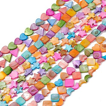 10 Strands Colorful Natural Freshwater Shell Beads Strands, Dyed, Cross & Rhombus & Heart, Mixed Shapes, 11.5~16x8.5~15.5x2.5~3mm, Hole: 0.8mm, about 26~34pcs/strand, 14.96~15.35''(38~39cm)
