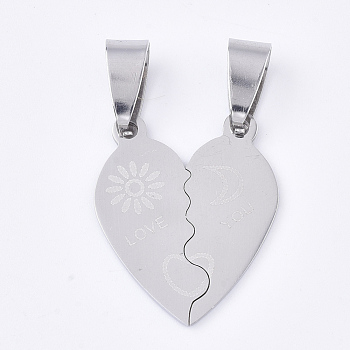 201 Stainless Steel Split Pendants, for Lovers, Heart with Heart, with Word Love You, For Valentine's Day, Stainless Steel Color, 23x19x1mm, Hole: 8x4mm