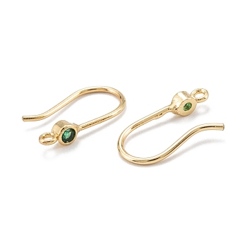 Brass Micro Pave Clear Cubic Zirconia Earring Hooks, with Horizontal Loop, Real 18K Gold Plated, Green, 14x7.5x3mm, 20 Gauge, Hole: 1mm