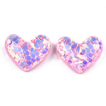 Acrylic Cabochons, with Glitter Sequins, Heart, Pink, 19.5x24x9mm