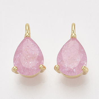 Brass Cubic Zirconia Charms, Teardrop, Pink, Nickel Free, Real 18K Gold Plated, 12x7x4.5mm, Hole: 1.6mm