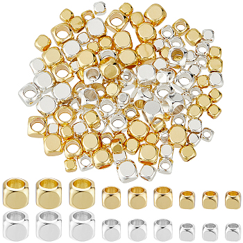 120Pcs 6 Style Brass Beads, Cube, Real 18K Gold Plated & Silver, 3~4x2.77~4x3~4mm, Hole: 1.6~2.6mm, 20pcs/style