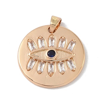 Brass Micro Pave Cubic Zirconia Pendants, Flat Round with Eye, Light Gold, 19x2.5mm, Hole: 4x2.5mm