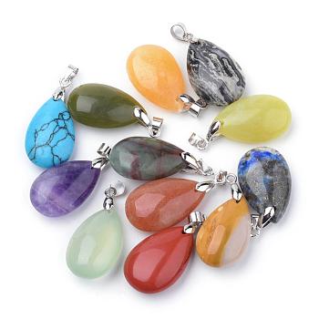 Natural & Synthetic Mixed Stone Pendants, with Alloy Findings, teardrop, Platinum, 23~24x14x8mm, Hole: 4x5mm