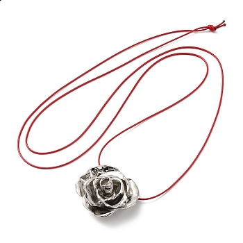 Zinc Alloy Rose Flower Pendant Necklace with Leather Cords, Platinum, 56.69~57.09 inch(144~145cm)