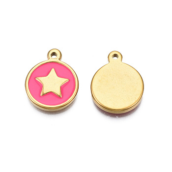 304 Stainless Steel Enamel Pendants, Real 18K Gold Plated, Flat Round with Star, Deep Pink, 19x15x2.5mm, Hole: 1.6mm