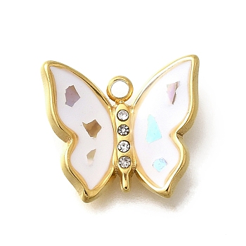 304 Stainless Steel Enamel Charms, with Rhinestone, Butterfly Charm, Real 18K Gold Plated, White, 13x14x3mm, Hole: 1.5mm