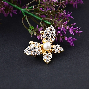 Butterfly Alloy Rhinestone Brooch, ABS Plastic Pearl Lapel Pin for Girl Women, Golden, 28x38mm