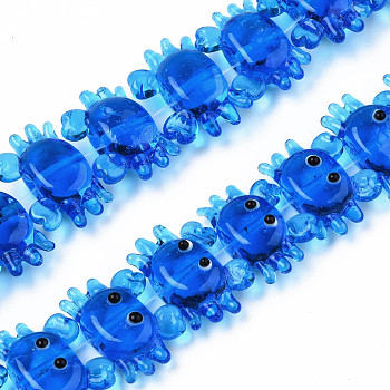 Handmade Lampwork Beads Strands, Crab, Blue, 15.5~17x22~25.5x7~10mm, Hole: 1.2~2mm, about 35pcs/strand, 19.29~20.47 inch(49~52cm)