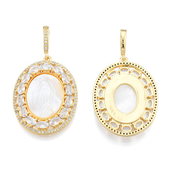 Brass Micro Pave Clear Cubic Zirconia Pendants, with Shell, Nickel Free, Real 18K Gold Plated, Oval with Saint, Creamy White, 36x27x4mm, Hole: 4x8mm