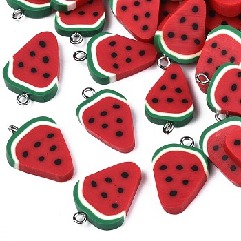 Polymer Clay Pendants, Watermelon, Red, 17~22x15~17x3~5mm, Hole: 2mm