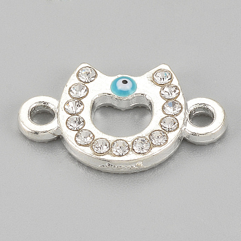 Alloy Rhinestone Links connectors, Cadmium Free & Lead Free, Horseshoes with Evil Eye, Sky Blue, Silver Color Plated, 17.5x10.5x2.5mm, Hole: 1.5mm