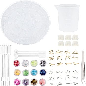 DIY Jewelry Kits, with Constellation Compass Tarot Card Silicone Molds, Nail Art Sequins, Beading Tweezers, Plastic Round Stirring Rod, Latex Finger Cots, 100ml Measuring Cup Silicone Glue Tools, 295x11mm, 1pc/ set