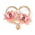 Heart & Lotus Enamel Pins, Alloy Rhinestone Lapel Pins for Backpack Clothes, with Imitation Pearl Beads, Golden, Hot Pink, 51x57mm(JEWB-F045-03G)