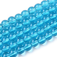 Transparent Glass Beads Strands, Round, Deep Sky Blue, 4~4.5mm, Hole: 0.8mm, about 97~99pcs/strand, 14.76 inch~14.96 inch(37.5~38cm)(GLAA-T032-T4mm-06)