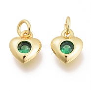 Brass Micro Pave Cubic Zirconia Charms, with Jump Ring, Heart, Golden, Green, 7.5x6.5x2.5mm, Hole: 1.5mm, Jump rings: 3.5x0.8mm(KK-M206-31G-01)