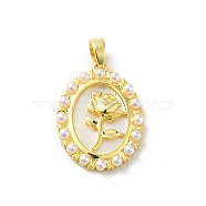 Brass Pave Natural White Shell Pendants, with Plastic Pearl, Real 14K Gold Plated, Oval with Rose, 21.5x16x3mm, Hole: 4.5x3.5mm(KK-D095-04A-G)