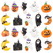20Pcs 10 Styles Halloween Opaque Resin Pendants, with Platinum Tone Iron Loops, Ghost & Pumpkin & Castle, Mixed Shapes, Mixed Color, 24~35.5x14.5~26x5~8.5mm, Hole: 2mm, 2pcs/style(RESI-SC0002-49)