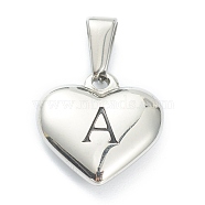 304 Stainless Steel Pendants, Heart with Black Letter, Stainless Steel Color, Letter.A, 16x16x4.5mm, Hole: 7x3mm(X-STAS-P278-01A-P)