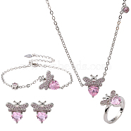Brass Jewelry Set, Bracelets & Earrings & Necklaces & Rings, and Cubic Zirconia, Bees, Pink, Platinum(SJEW-BB52771-B)