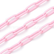 Eco-friendly Spray Painted Handmade Brass Paperclip Chains, Soldered, with Spool, Pink, 17x8x2mm, 32.8 feet(10m)/roll(KK-J276-18-P12)