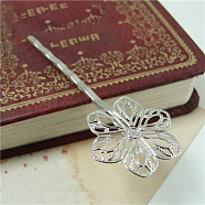 Zinc Alloy Hair Bobby Pin Findings, with Filigree Flower Cabochon Bezel Settings, Platinum, 61mm, Tray: 20mm(OHAR-PW0001-028P)
