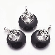 Synthetic Black Stone Pendants, with Platinum Tone Brass Findings, Flat Round with Tree of Life, 32.5~33x27.5~28x5~6mm, Hole: 5x7mm(G-F573-C08)