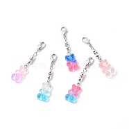 Transparent Gradient Color Resin Bear Pendant Decorations, Non-magnetic Synthetic Hematite Beaded Lobster Clasp Charms, Clip-on Charms, for Keychain, Purse, Backpack Ornament, Stitch Marker, Mixed Color, 50mm(HJEW-JM00765)