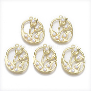 Alloy Pendants, with ABS Plastic Imitation Pearl, Oval with Flower, Light Gold, 35x25x6mm, Hole: 2mm(X-PALLOY-T077-14)