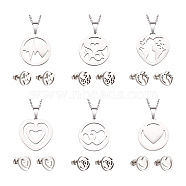 6 Sets 6 Style Valentine's Day Heart Jewelry Set, 304 Stainless Steel Pendant Necklace and Stud Earrings for Women, Stainless Steel Color, 17.83 inch(45.3cm), 10x10mm, Pin: 0.7mm, 1 Set/style(SJEW-KS0001-01)