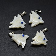 Shell Pendants, with Brass Findings and Cat Eye, Fish, Platinum, 20~21x16~18x3~5mm, Hole: 2x5mm(SSHEL-E564-08P)
