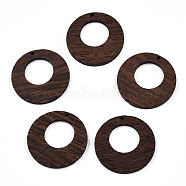Natural Wenge Wood Pendants, Undyed, Hollow Flat Round Charms, Coconut Brown, 38x3.5mm, Hole: 2mm(WOOD-T023-52A-01)