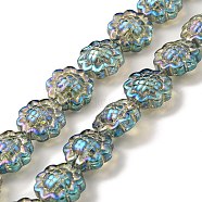 Transparent Electroplate Glass Beads Strands, Rainbow Plated, Sunflower, Aquamarine, 15x9mm, Hole: 1mm, about 44~45pcs/strand, 25.20~25.98 inch(64~66cm)(GLAA-G098-04J)