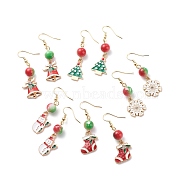 Christmas Theme Alloy Enamel Dangle Earrings with Resin Beaded, Golden Brass Jewelry for Women, Mixed Color, 50~52mm, Pin: 0.6mm(EJEW-JE05024)