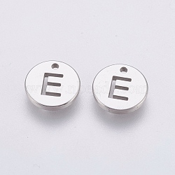 304 Stainless Steel Charms,  Flat Round with Letter, Stainless Steel Color, Letter.E, 10x1mm, Hole: 1mm(STAS-P212-15P-25)