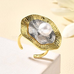 Brass Cuff Rings for Women, Leaf, with ABS Imitation Pearl, Rack Plating, Long-Lasting Plated, Lead Free and Cadmium Free, Platinum & Golden, 30x30mm, Inner Diameter: 18.5mm(RJEW-Q008-06G)