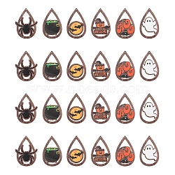 24Pcs 6 Styles Halloween Theme Single Face Printed Aspen Wood Big Pendants, Teardrop Charm, Mixed Patterns, 54.5x34x2.5mm, Hole: 1.6mm, 4pcs/style(WOOD-FS0001-02)