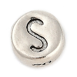 925 Sterling Silver Flat Round with Letter Beads, with 925 Stamp, Antique Silver, Letter S, 6.5x3mm, Hole: 1.2mm(STER-G044-01AS-S)