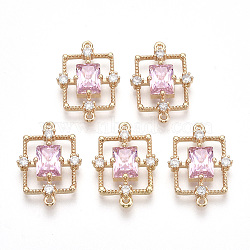 Golden Tone Brass Links connectors, with Faceted Glass and Rhinestone, Rectangle, Pearl Pink, 19x13.5x3.5mm, Hole: 1mm(GLAA-R212-14D)