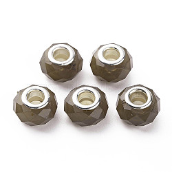 Resin European Beads, Large Hole Beads, with Silver Tone Brass Double Cores, Faceted, Rondelle, Gray, 14x9mm, Hole: 5mm(RPDL-T003-07C)